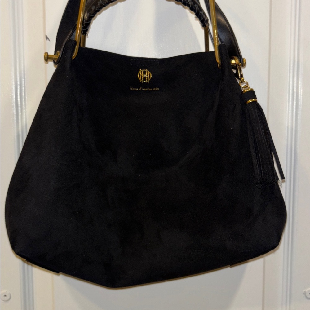 HOUSE OF HARLOW 1960 BLACK SUEDE BAG W/ SHOULDER STRAP GOLD/BRASS TONED HANDLE